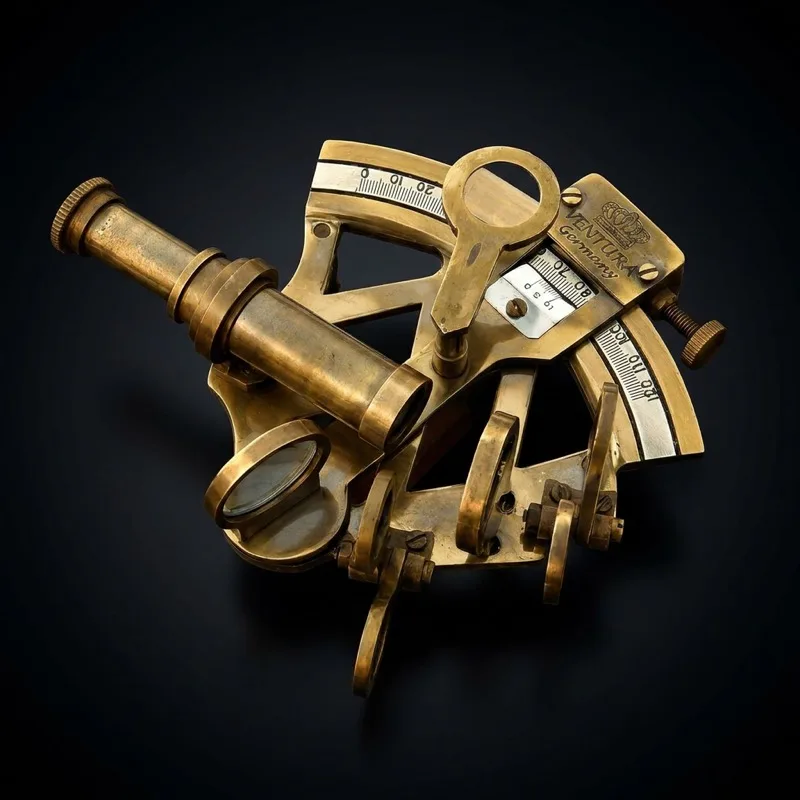 Antique Brass Pocket Sextant with Maritime Astrolabe Design