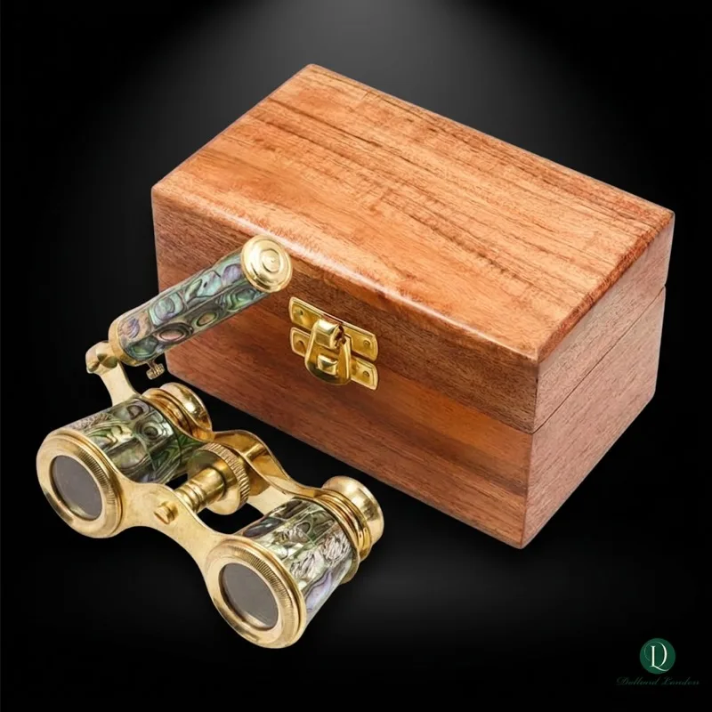 Brass Opera Glasses with Wooden Box — Abalone Inlay