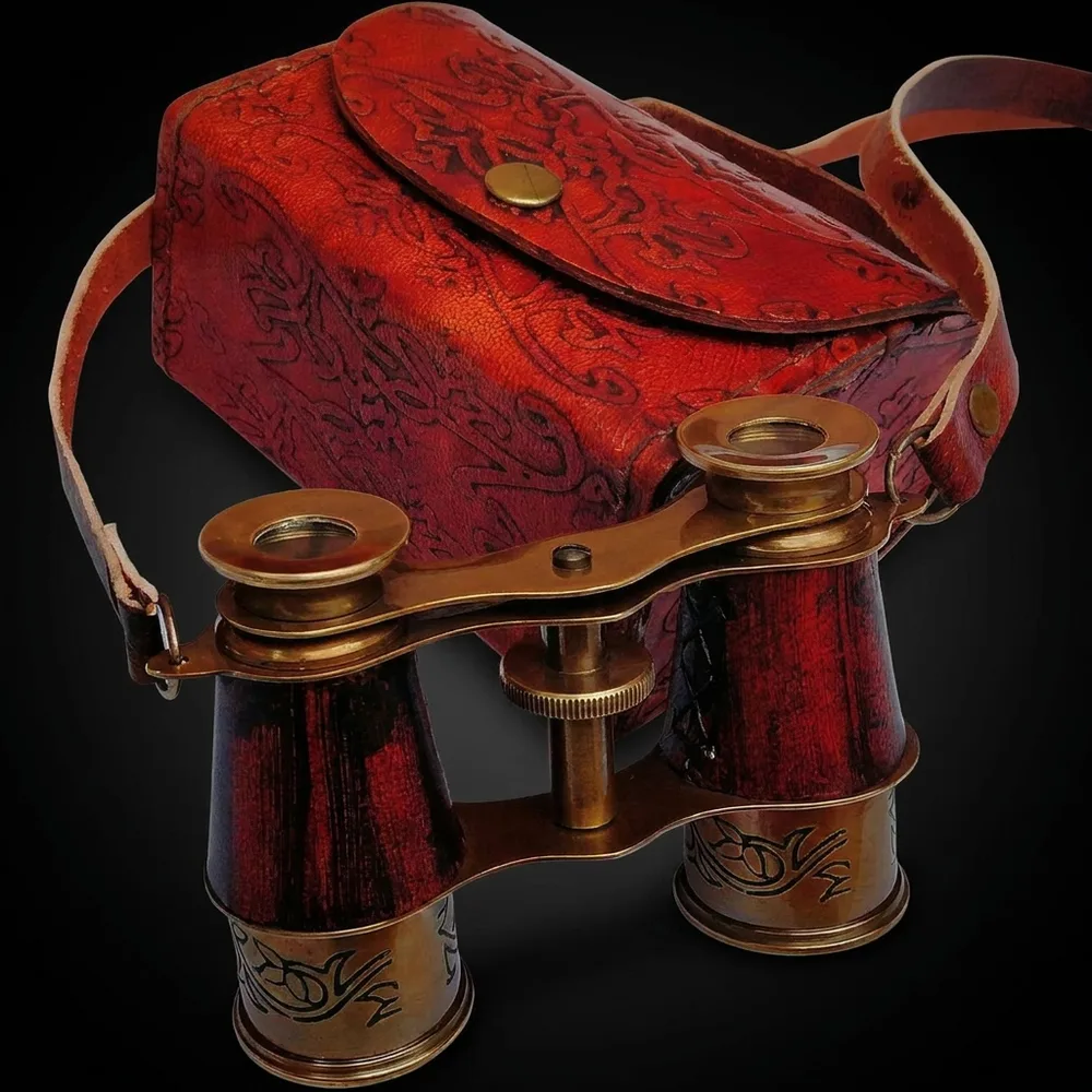 Compact Antique Brass Binocular with Red Leather Case