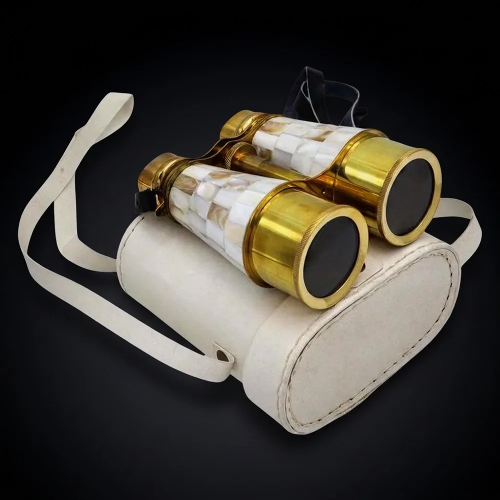 Mother-of-Pearl Brass Binocular with White Leather Case